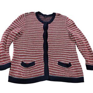 Talbots Cardigan Sweater Womens XL Blue Red Snap Button Up Knit Long Sleeve
